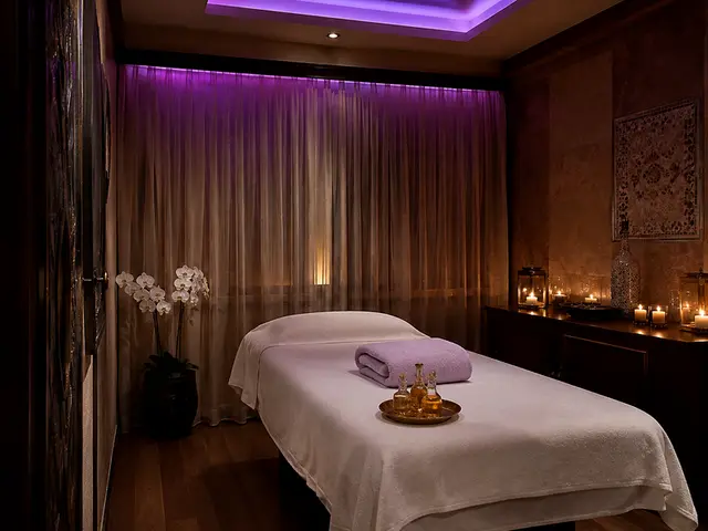 Mor ışıklı, mumlarla hazırlanmış masaj odası — Konaklar, Masaj Salonun