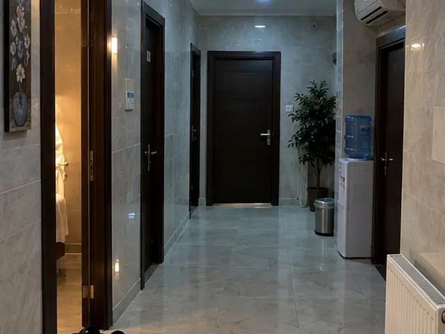 Aydınlık mermer koridor ve bekleme köşesi — Konaklar, Masaj Salonun